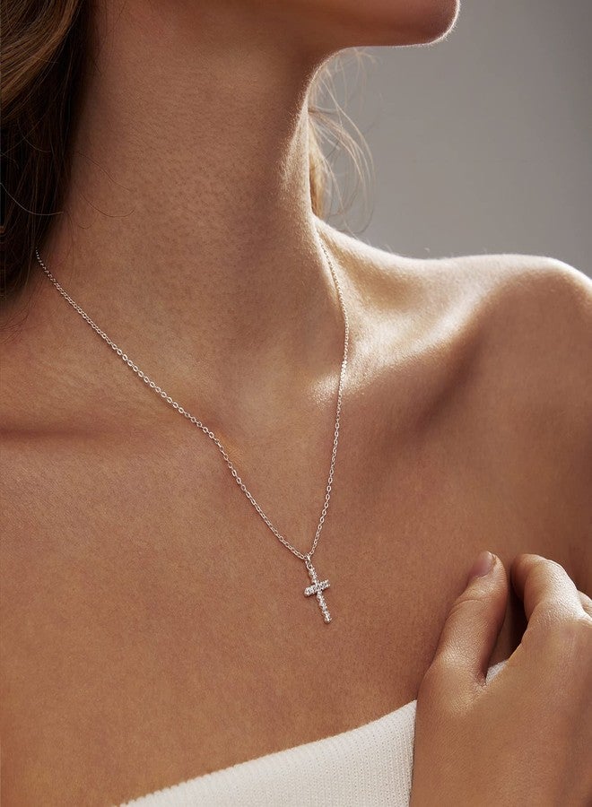 Zeffy Cross Necklace for Women Silver Plated Cubic Zirconia Tiny Cross Pendant Necklace for Women Simple Layered Cross Necklaces for Women - Image 3